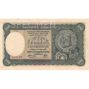 100 slovenských korun 1940 - C6 543136 - "SPECIMEN"