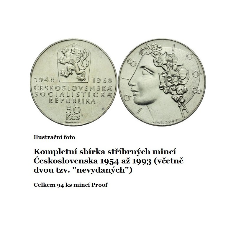 Sestava stříbrných pamětních mincí Československa - Proof 1954 až 1993