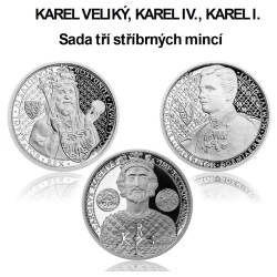 2015 - Sada tří stříbrných mincí Karel Veliký, Karel IV., Karel I. - Proof