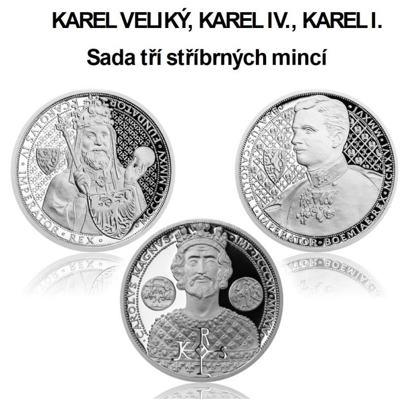 2015 - Sada tří stříbrných mincí Karel Veliký, Karel IV., Karel I. - Proof