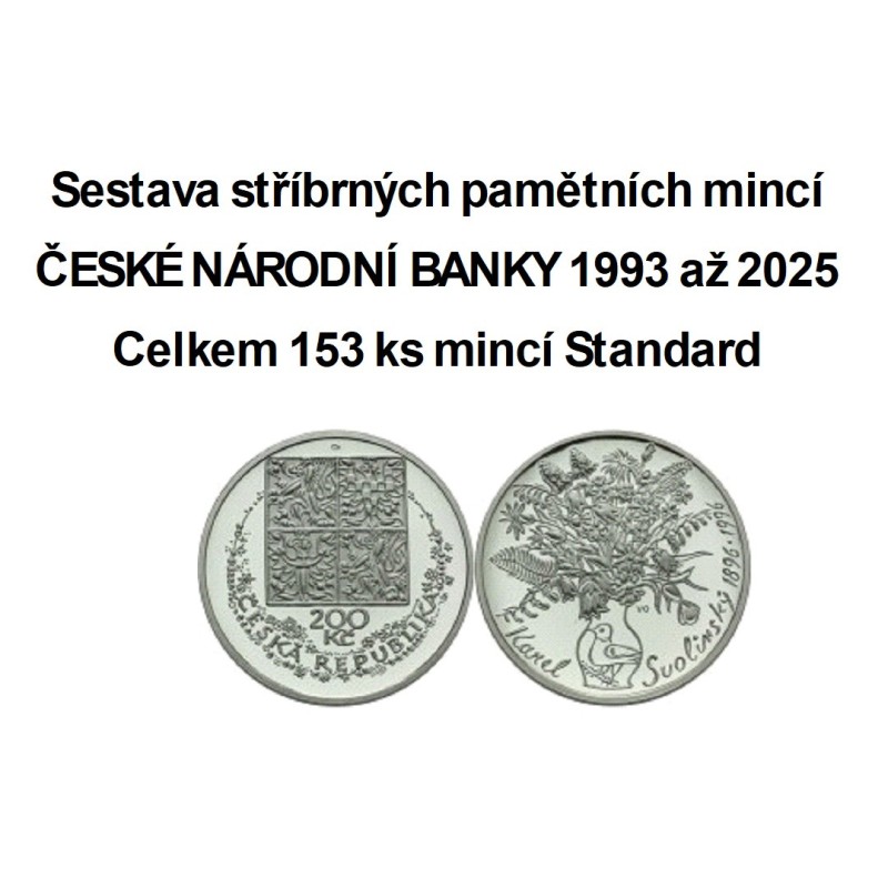 Kompletní sestava stříbrných 200,-Kč a 500,-Kč mincí ČNB Standard - 1993 až 2025