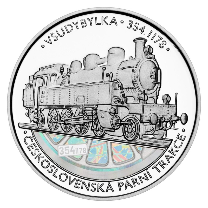 Stříbrná číslovaná medaile 1 oz Československá parní trakce Všudybylka 354.1178 proof s hologramem