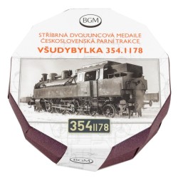 Stříbrná číslovaná medaile 2 oz Československá parní trakce Všudybylka 354.1178 proof s hologramem