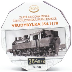 Zlatá číslovaná mince 1 oz Československá parní trakce - Všudybylka 354.1178 proof s hologramem