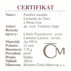 2002 - Zlatá medaile Leonardo da Vinci a Mona Lisa, Au 1/4 Oz