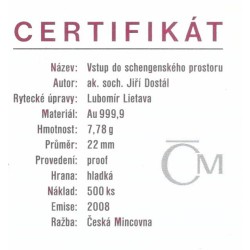 2008 - Zlatá medaile Vstup do schengenského prostoru, Au 1/4 Oz