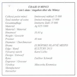 Stříbrná pamětní mince Památková rezervace Košice 2013, Proof