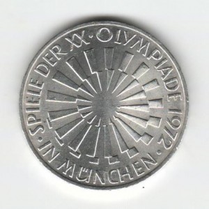 Stříbrná pamětní mince LOH Mnichov-Zářivá spirála, b.k., rok 1972