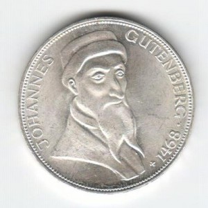 Stříbrná pamětní mince Johannes Gutenberg, b.k., rok 1968
