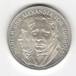 Stříbrná pamětní mince Wilhelm a Alexander von Humboldt, b.k., rok 1967